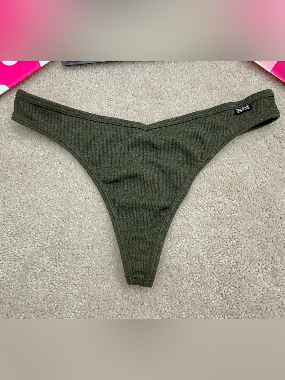 New Victoria’s Secret PINK Green Logo Tag Ribbed Cotton Thong Panties VS Large L